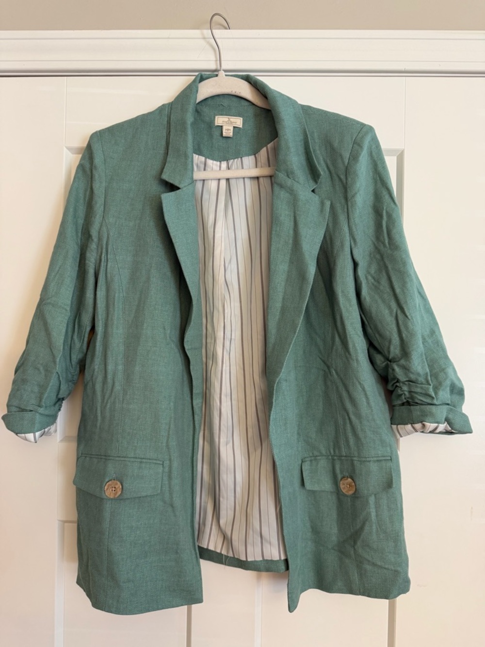 Jules & Leopold Mint Green Relaxed Open-Front Linen-Blend Blazer
